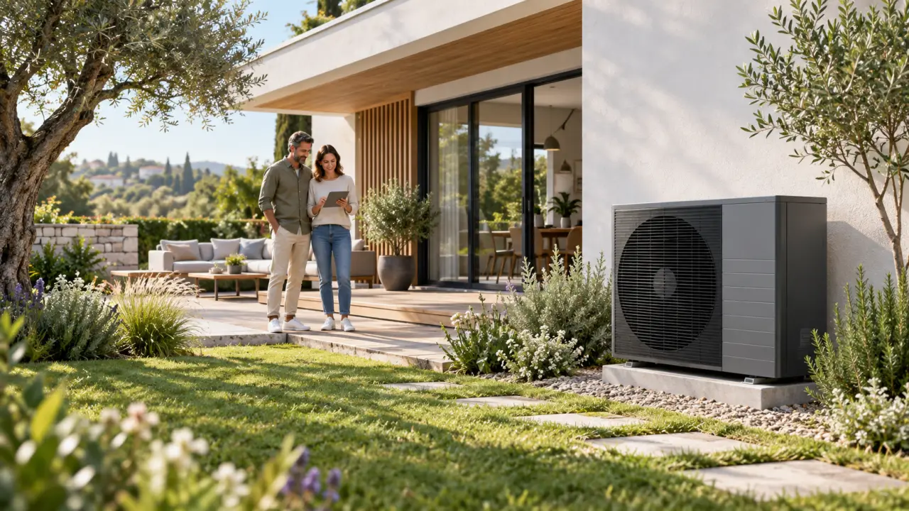 Maison moderne équipée d'une pompe à chaleur dans un environnement résidentiel calme