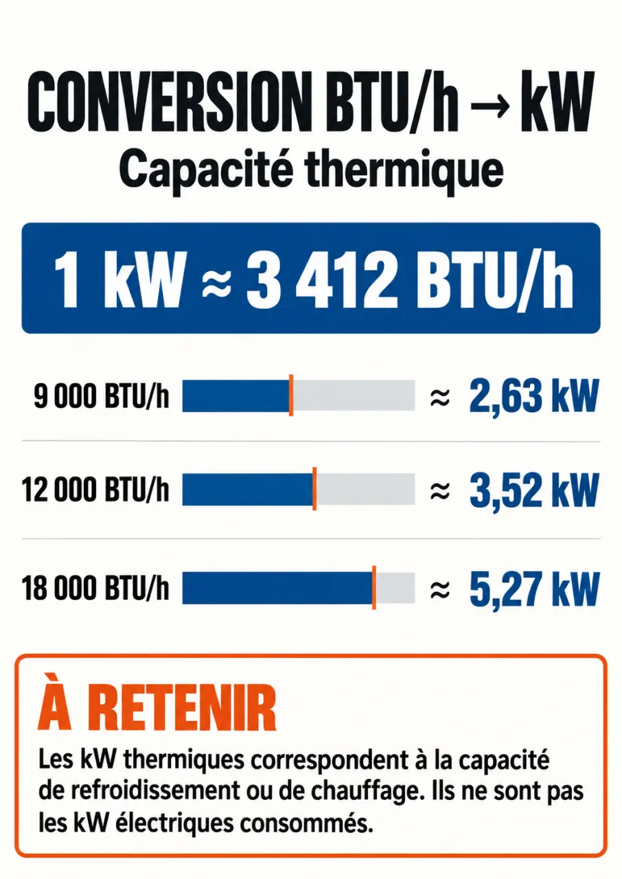 Infographie btu kw avec les équivalences BTU/h et kilowatts thermiques