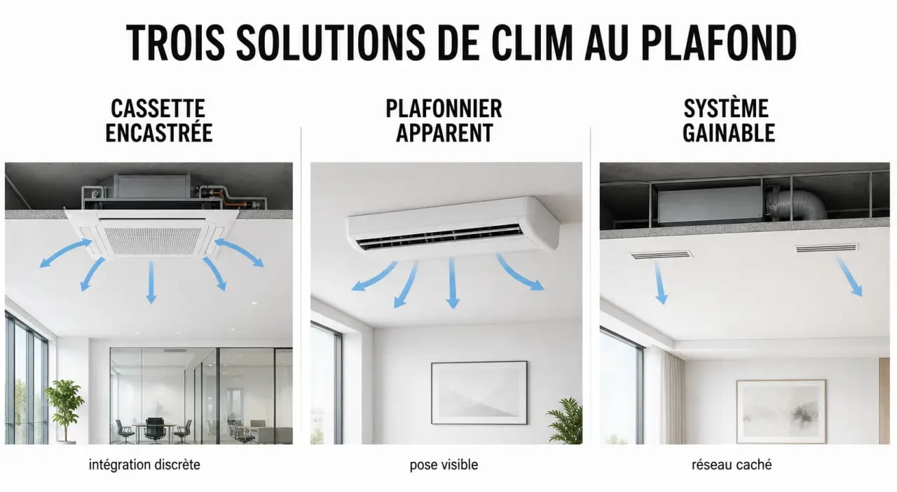 Clim au plafond : cassette, plafonnier et gainable dans une même vue comparative