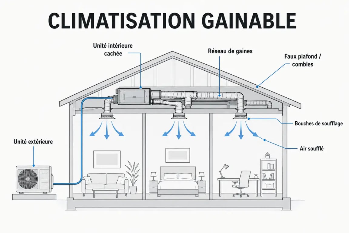 Climatisation par gainage avec réseau de gaines et bouches de soufflage dans une maison
