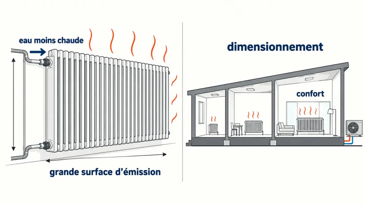 Schéma d'un radiateur avec pompe à chaleur et eau à basse température