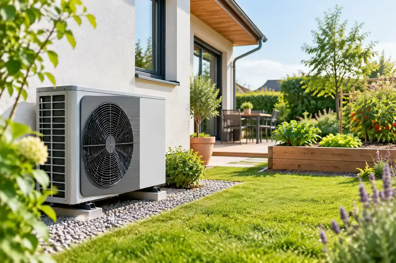 Installation moderne d'une pompe à chaleur extérieure intégrée dans un jardin paysager