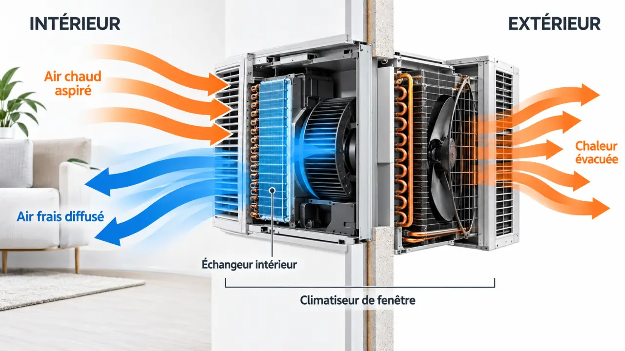 Climatiseur de fenêtre : schéma du transfert de chaleur entre la pièce et l’extérieur