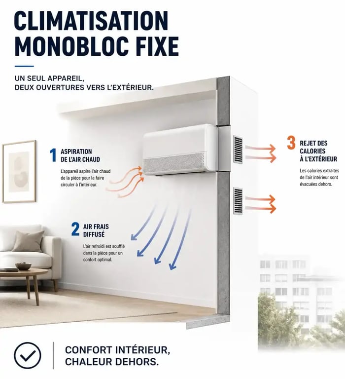 Climatisation monobloc : schéma de fonctionnement avec aspiration de l’air et rejet vers l’extérieur