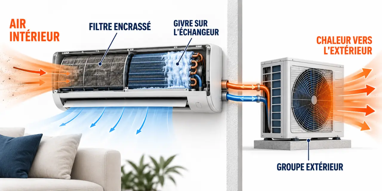 Pourquoi ma clim ne fait plus de froid : schéma du circuit d'air, du filtre encrassé et du givre