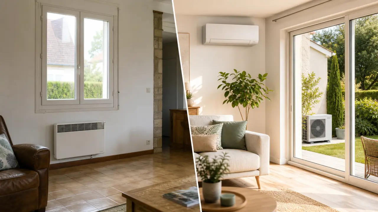 Salon lumineux et confortable après remplacement des convecteurs par une PAC réversible