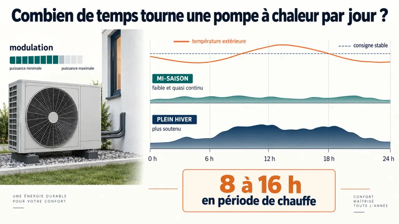 Schéma expliquant combien de temps tourne une pompe à chaleur par jour selon la saison et la température extérieure