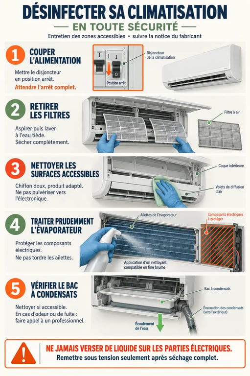 Étapes pour désinfecter une climatisation maison, des filtres au bac à condensats
