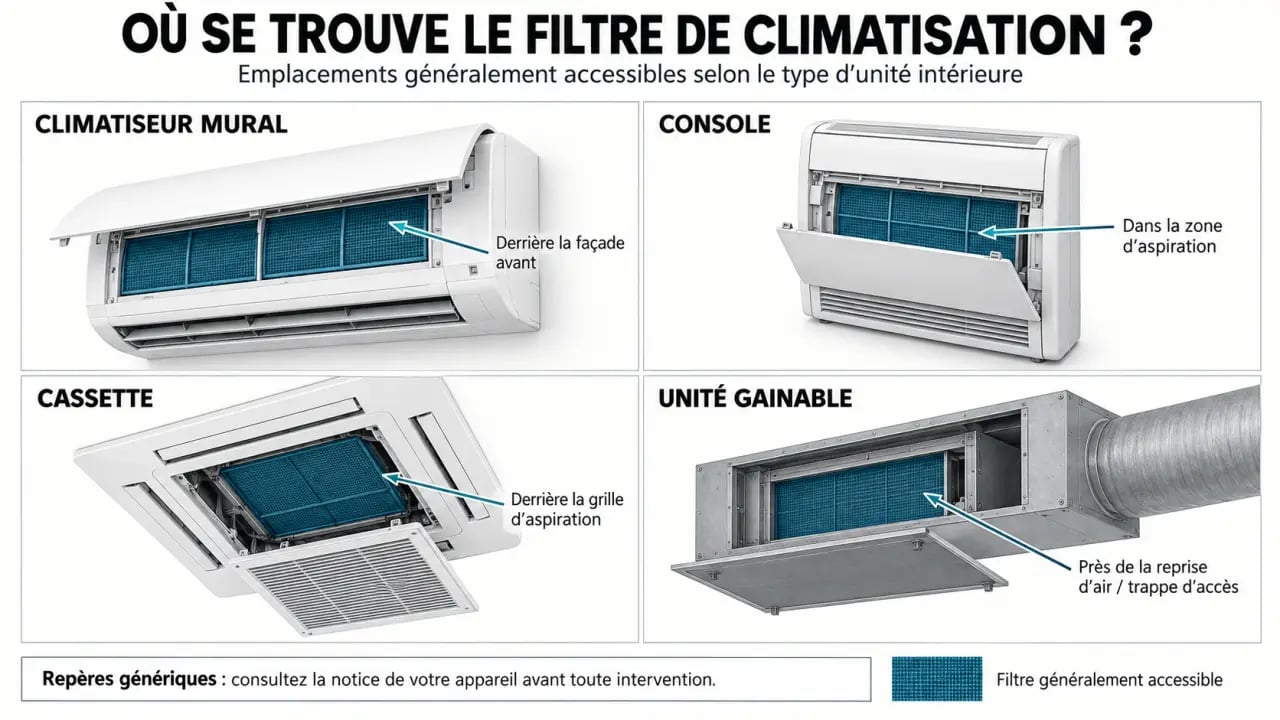Emplacement du filtre de climatisation selon le type d’unité intérieure