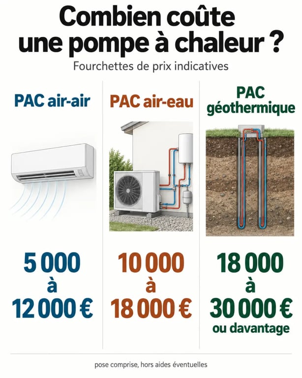 Infographie sur le prix d’une pompe à chaleur selon le type et la pose comprise