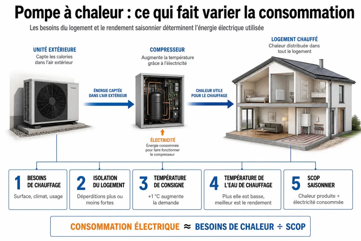 Combien consomme une pompe à chaleur : schéma des facteurs qui influencent la consommation dans une maison