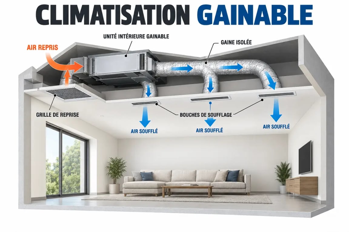 Schéma du cheminement d’une gaine de climatisation dans un faux plafond