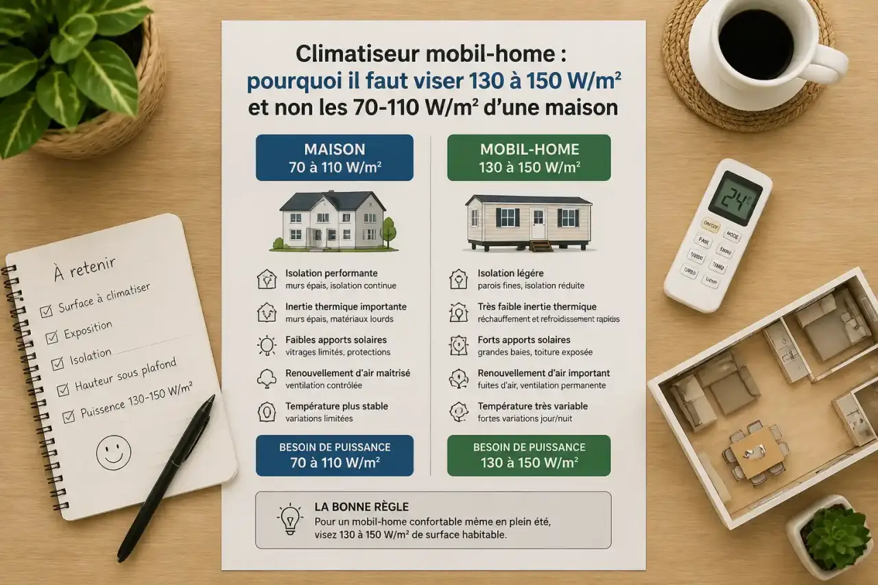 Climatiseur mobil-home : pourquoi il faut viser 130 à 150 W/m² et non les 70-110 W/m² d'une maison