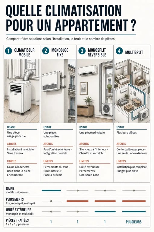 Infographie comparative des solutions de climatisation pour un appartement