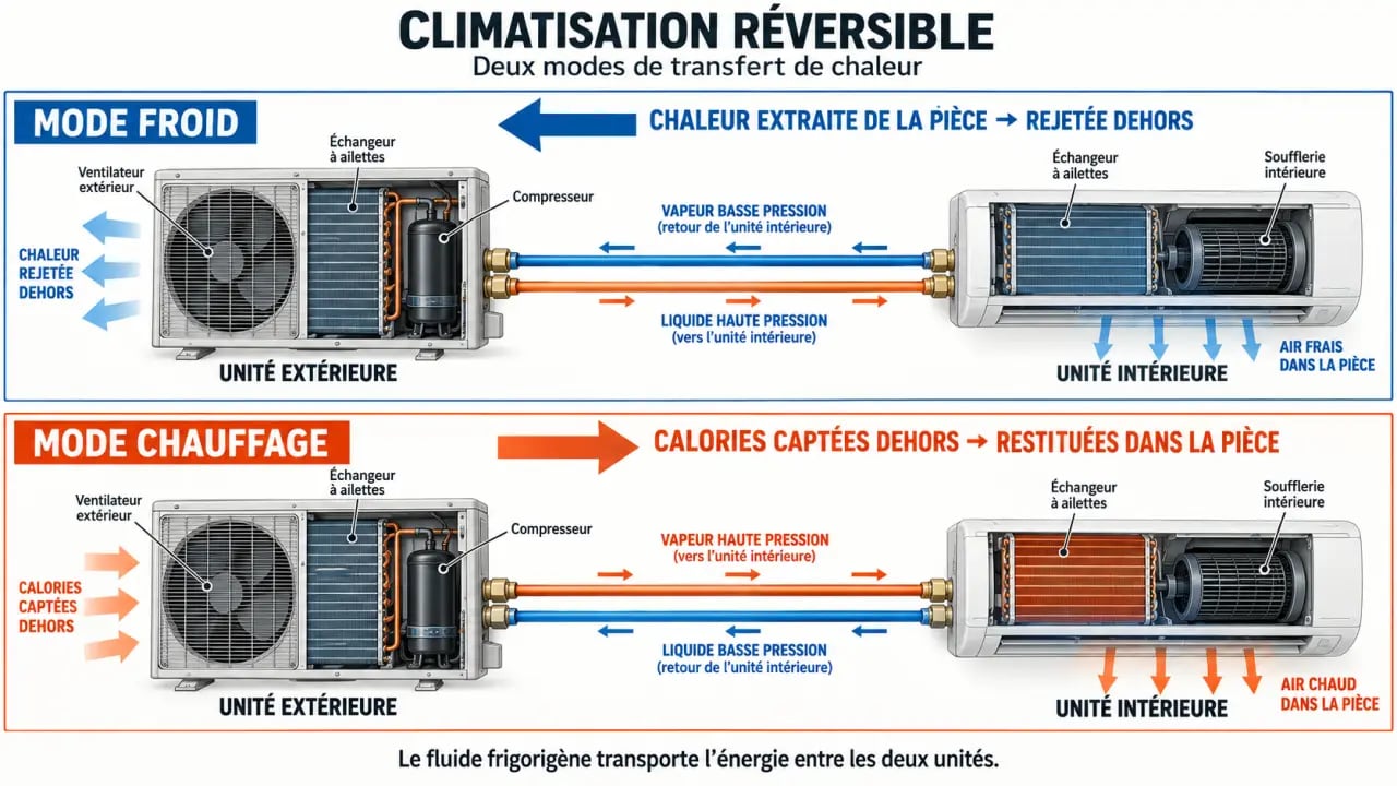 Schéma du fonctionnement d’un groupe climatisation réversible en mode froid et chauffage