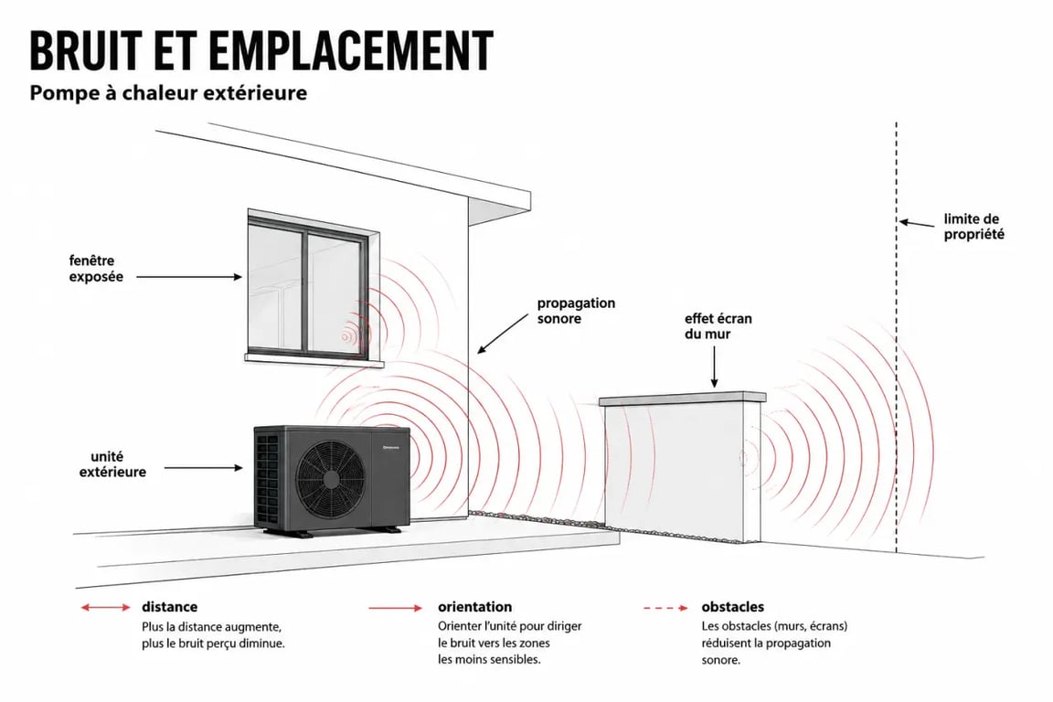 Pompe à chaleur bruit : schéma de propagation du son près d’une maison