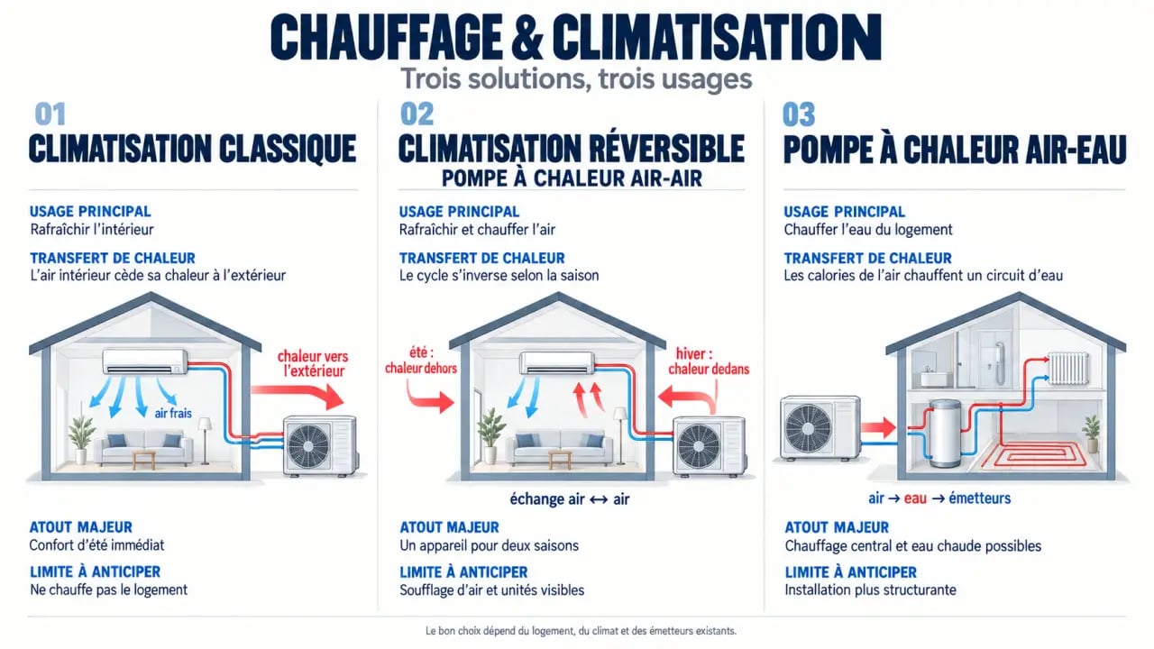 Infographie comparative sur le chauffage et la climatisation classique, réversible et pompe à chaleur air-eau