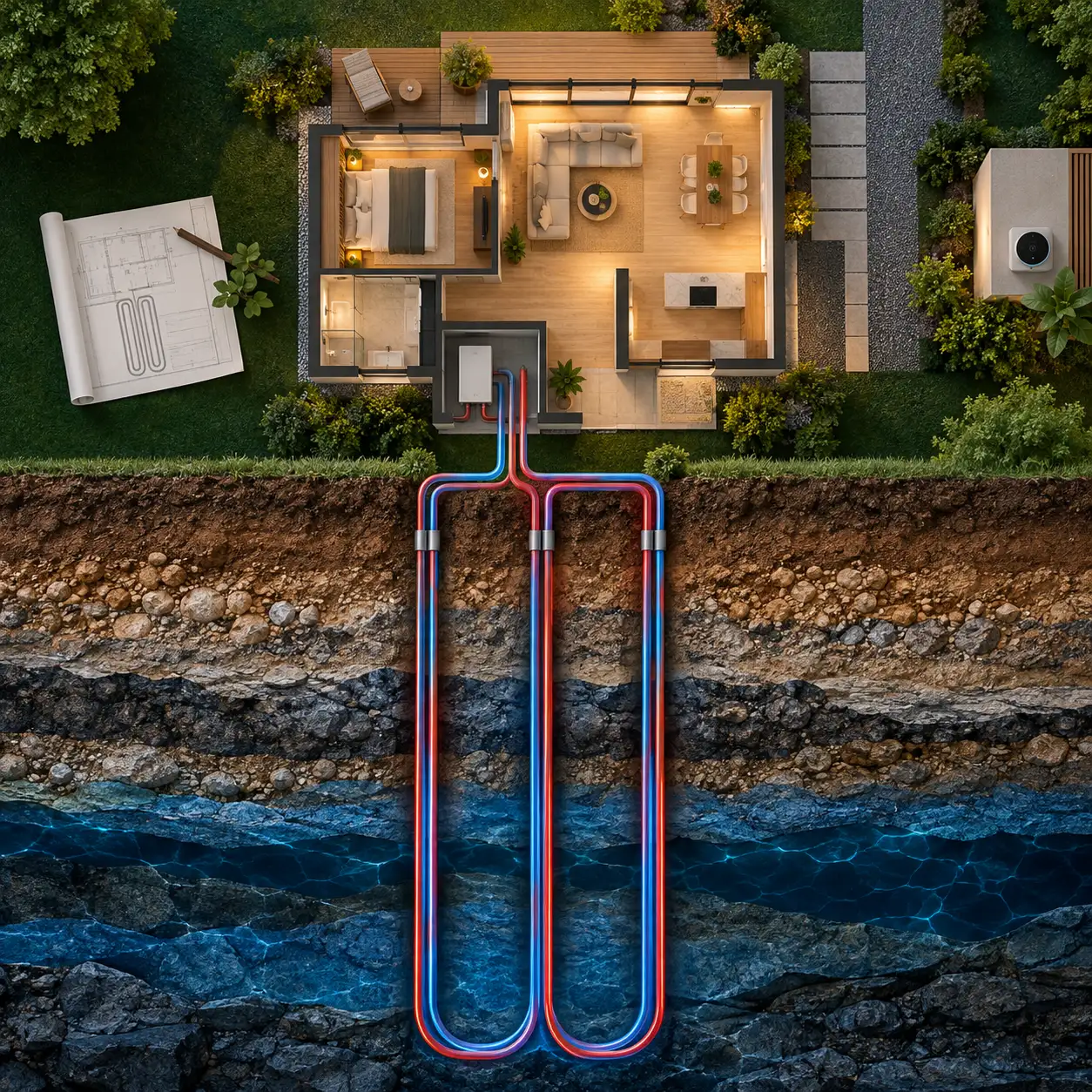 La pompe à chaleur géothermique chauffe votre maison avec la stabilité du sous-sol