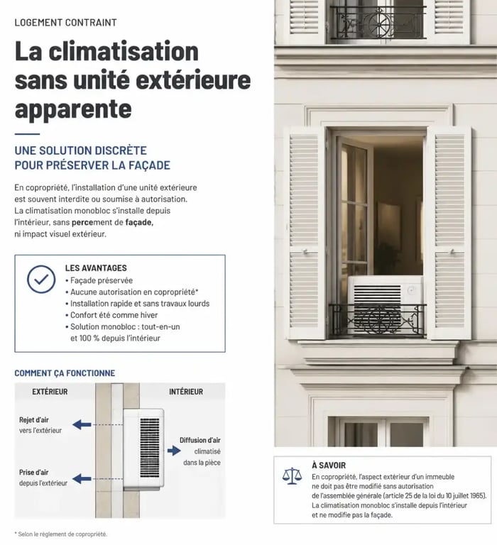 Climatisation monobloc : exemple d’installation discrète en appartement soumis à des contraintes de façade