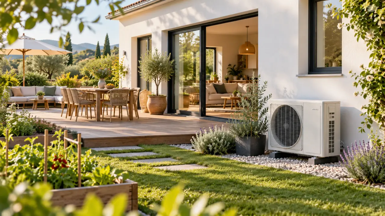 Salon lumineux équipé d’une climatisation réversible, pour un confort adapté aux saisons