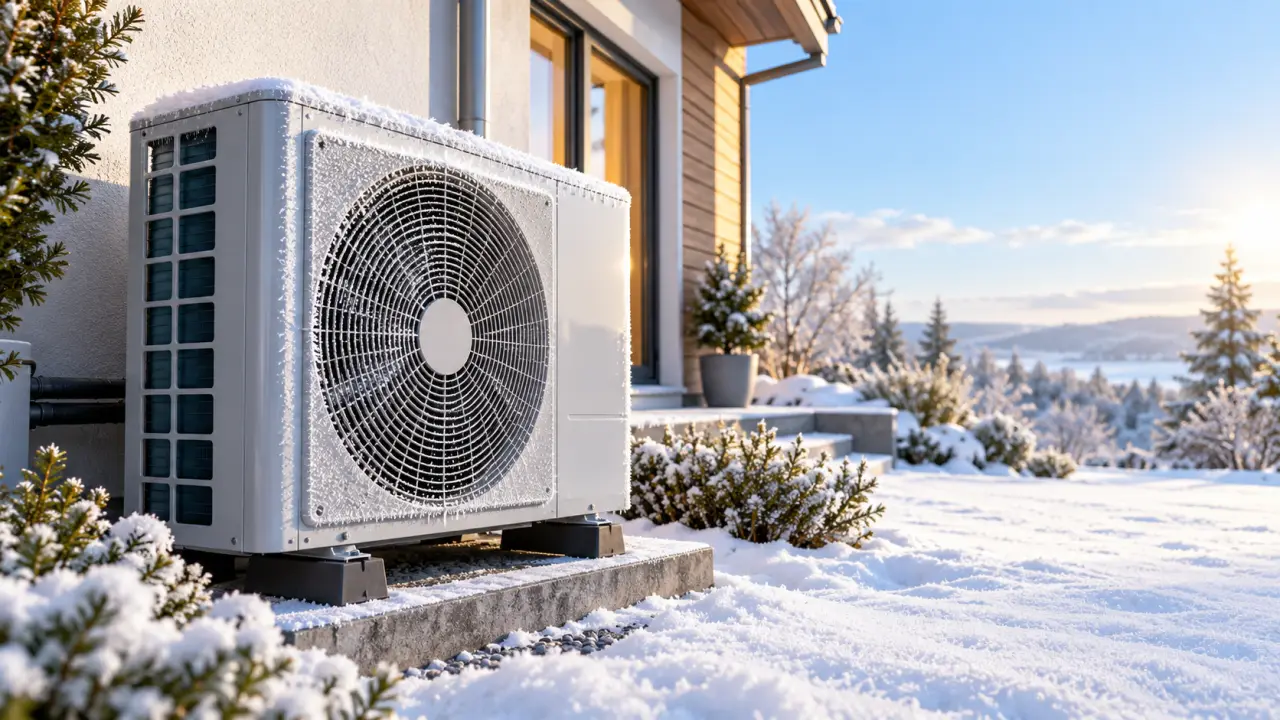 Unité extérieure d'une pompe à chaleur légèrement givrée en hiver