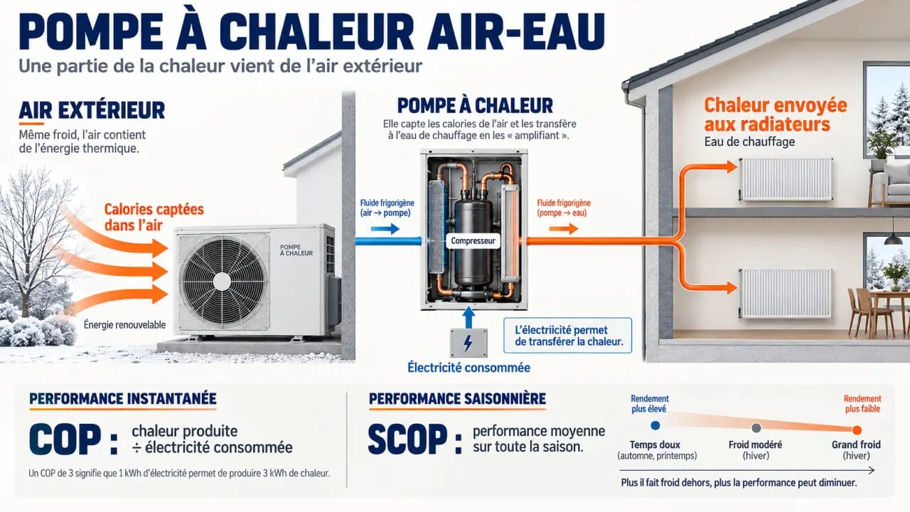 Schéma du rendement d’une pompe à chaleur air-eau et de son fonctionnement