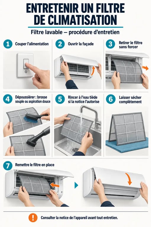 Étapes de nettoyage d’un filtre de climatisation lavable