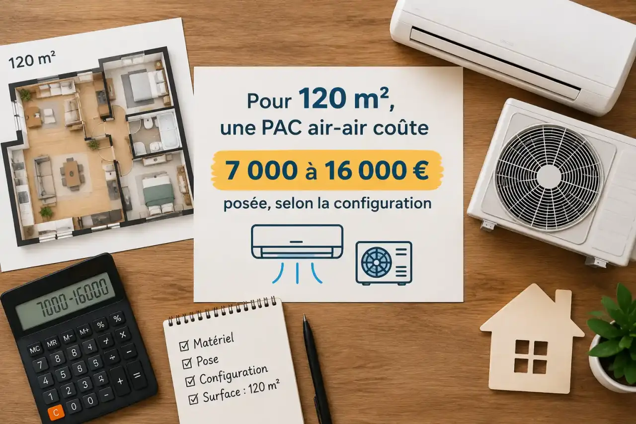 Pour 120 m², une PAC air-air coûte 7 000 à 16 000 € posée, selon la configuration