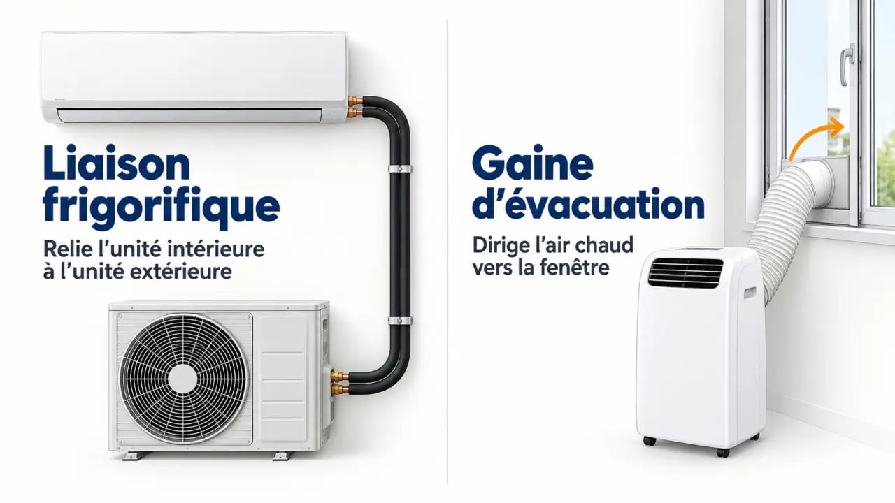 Infographie des tuyaux pour climatisation : liaison frigorifique pour système split et gaine d’évacuation pour climatiseur mobile