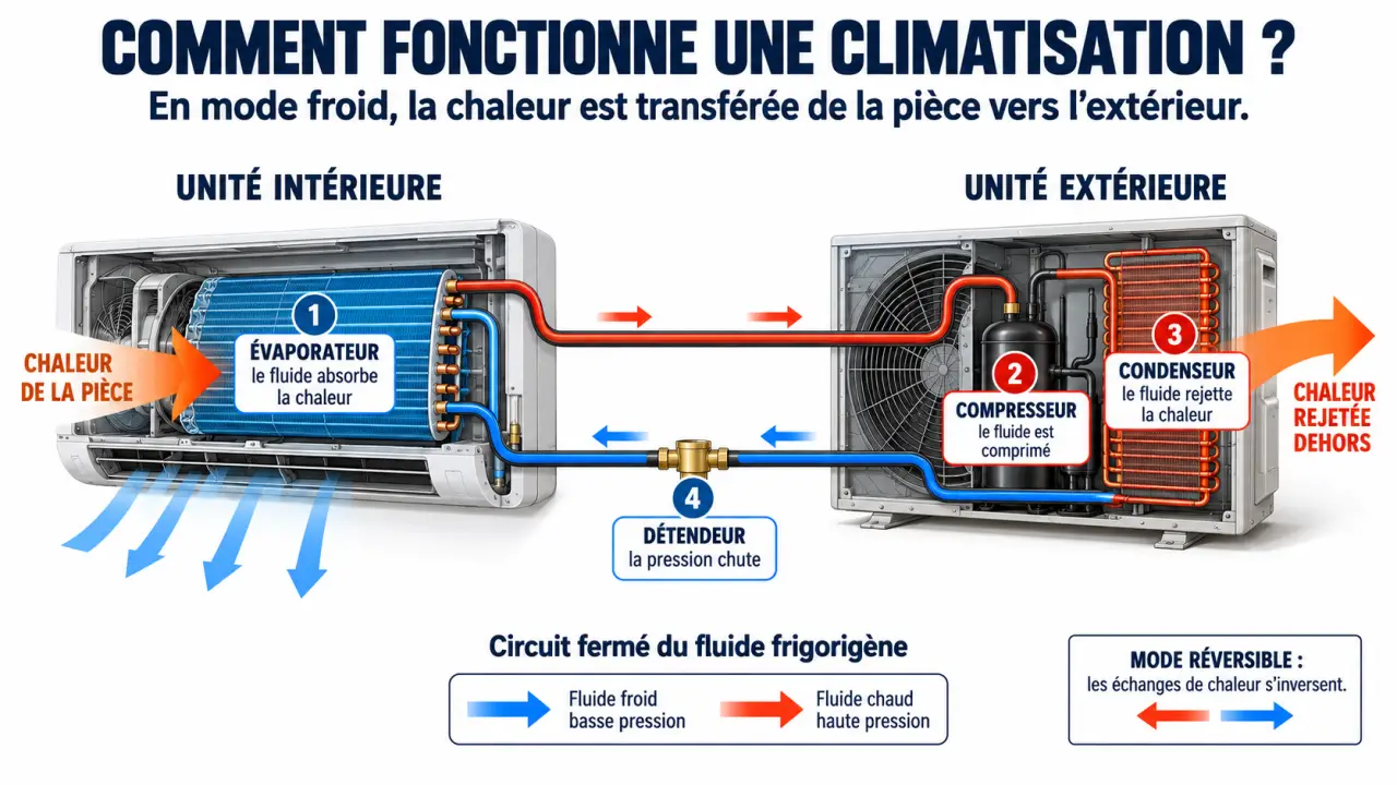 Schéma du fonctionnement d’une climatisation et du cycle du fluide frigorigène