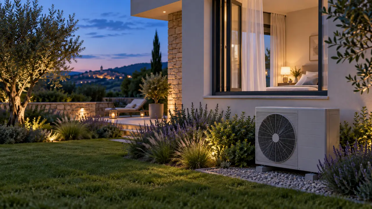 Salon lumineux et confortable équipé discrètement d'une pompe à chaleur air-air silencieuse