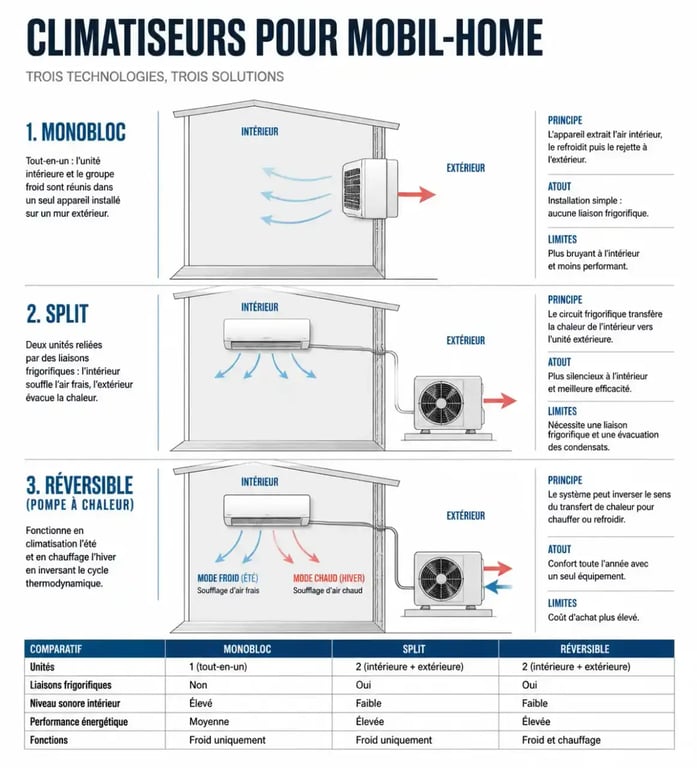 Comparatif schématique des types de climatiseur pour mobil home : monobloc, split et réversible