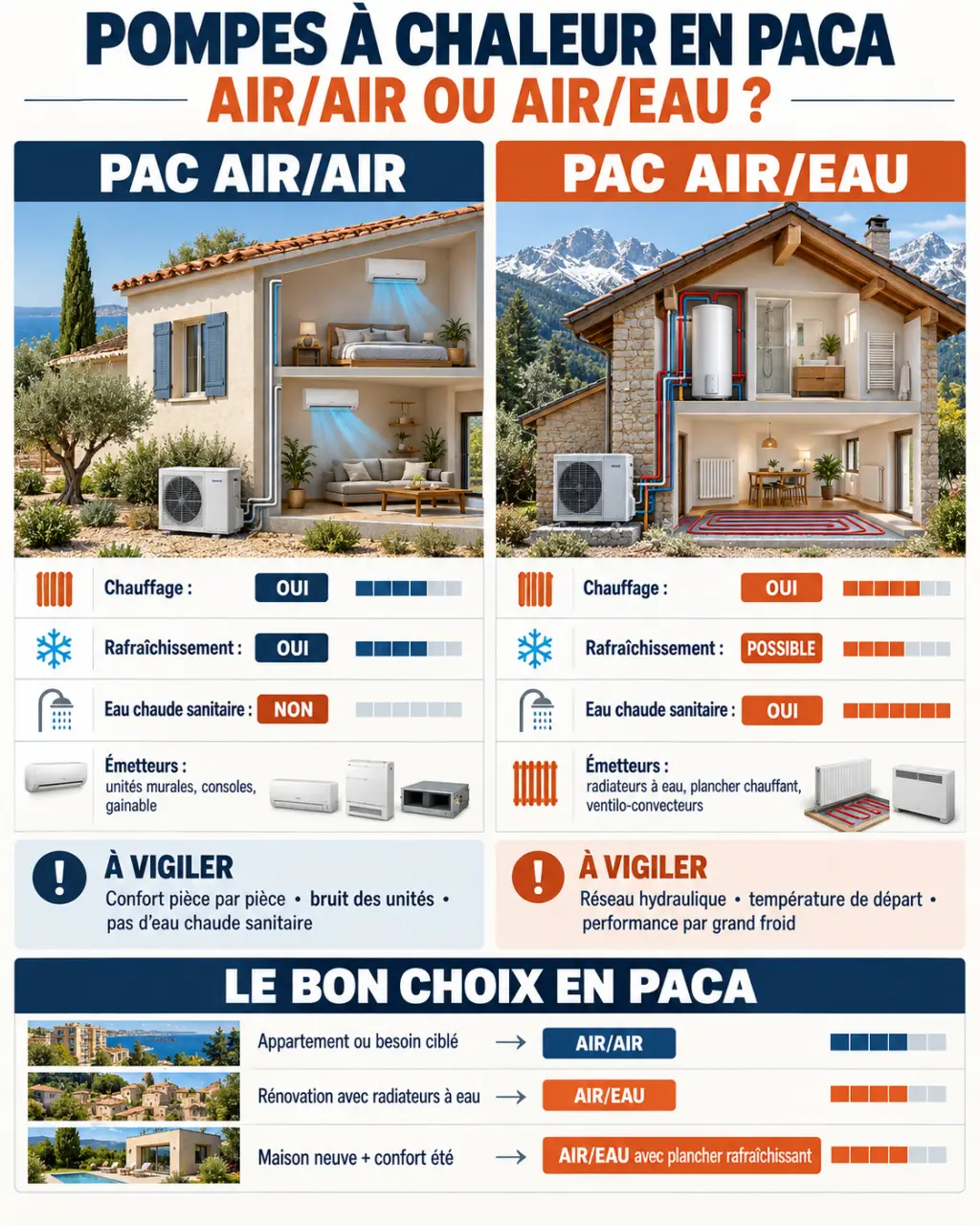 Infographie comparative sur une pompe à chaleur PACA air/air et air/eau