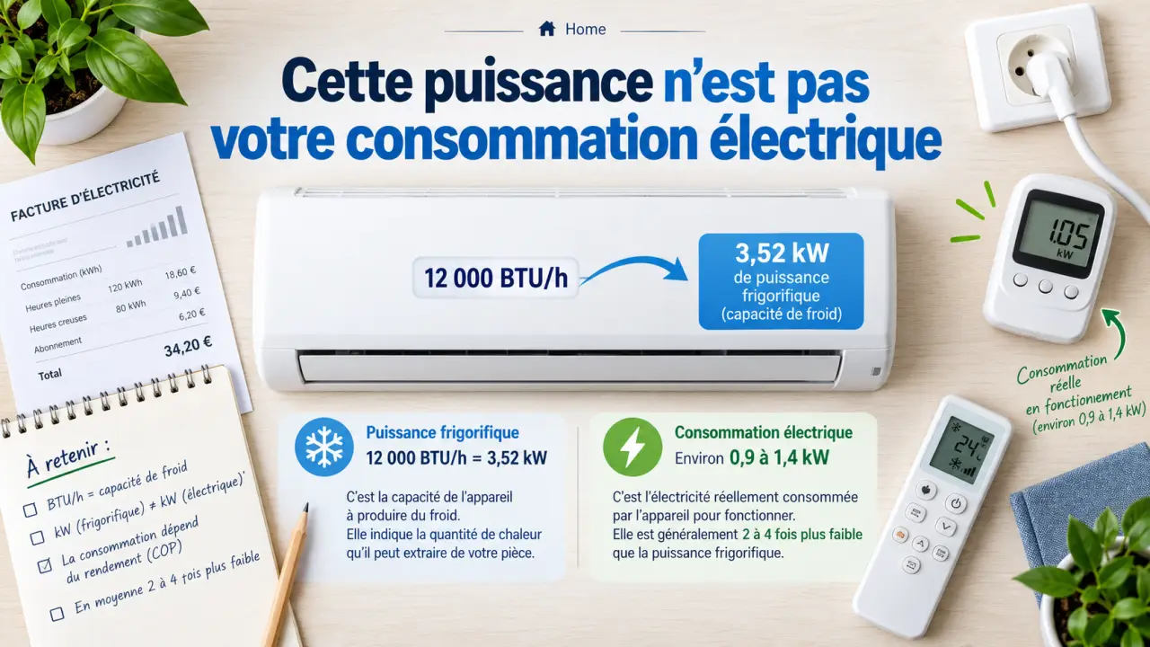 12 000 BTU/h = 3,52 kW : cette puissance n’est pas votre consommation électrique
