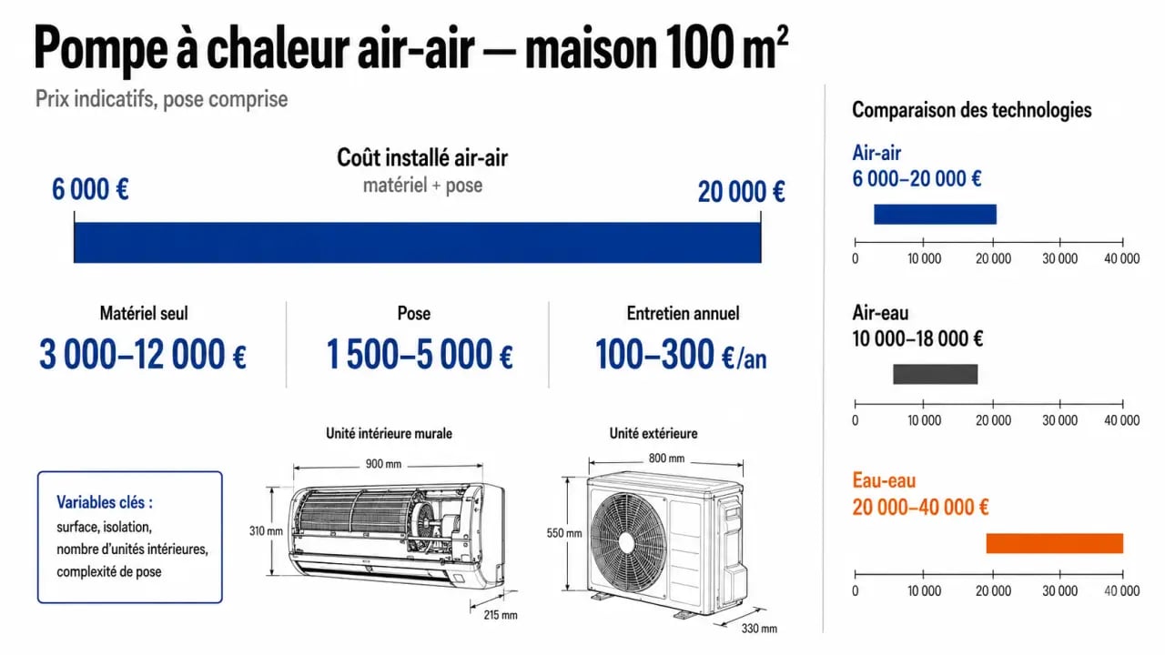 Prix pompe à chaleur air-air pour 100m2 : comparaison visuelle des coûts, de la pose et de l'entretien