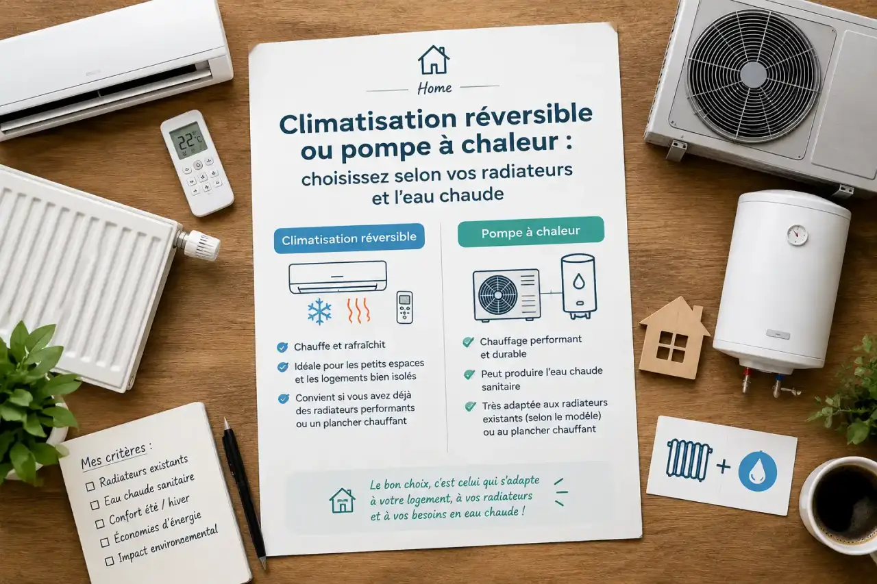 Climatisation réversible ou pompe à chaleur : choisissez selon vos radiateurs et l’eau chaude