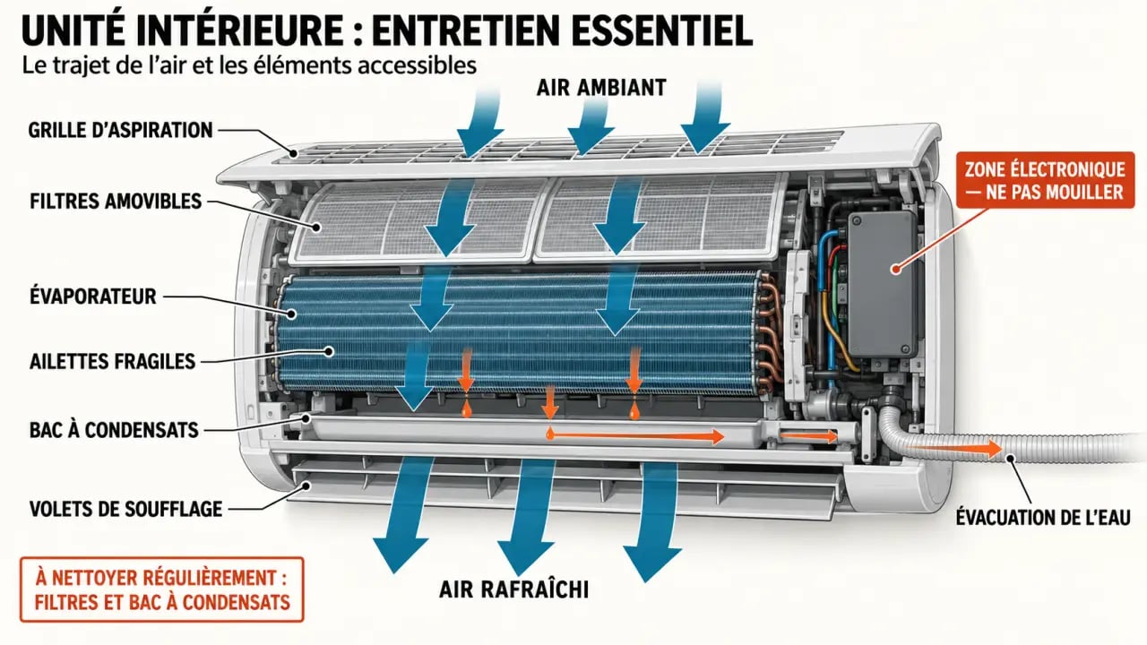 Schéma des composants à nettoyer pour désinfecter une climatisation maison