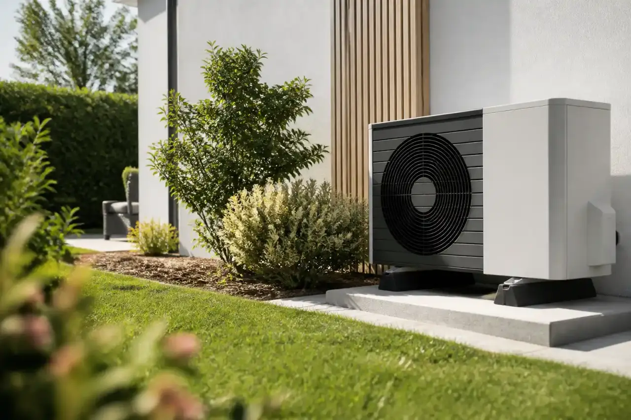 Salon lumineux et confortable suggérant une maison calme avec une pompe à chaleur silencieuse