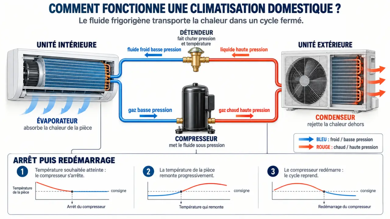Schéma du cycle frigorifique expliquant pourquoi la clim s'arrête et redémarre