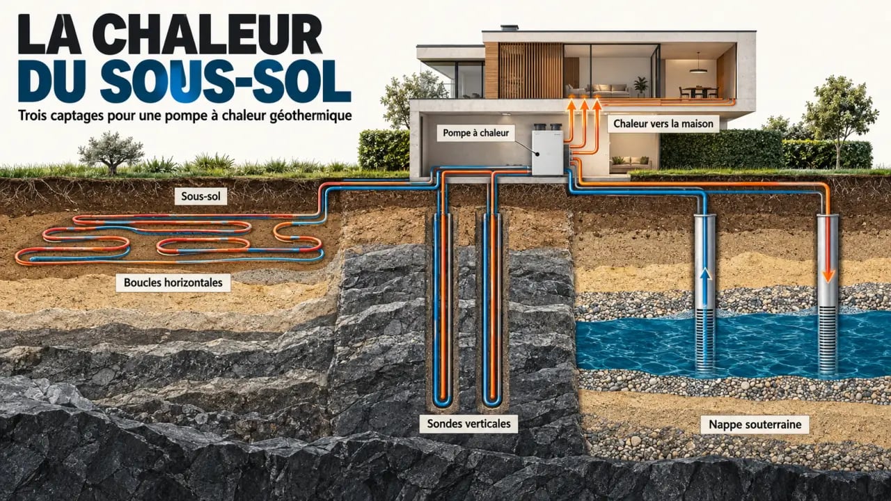 Schéma simplifié des captages d'une pompe à chaleur géothermique