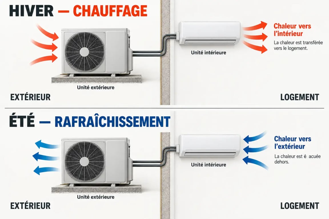 Schéma du fonctionnement d’une pompe à chaleur air air réversible en chauffage et en rafraîchissement