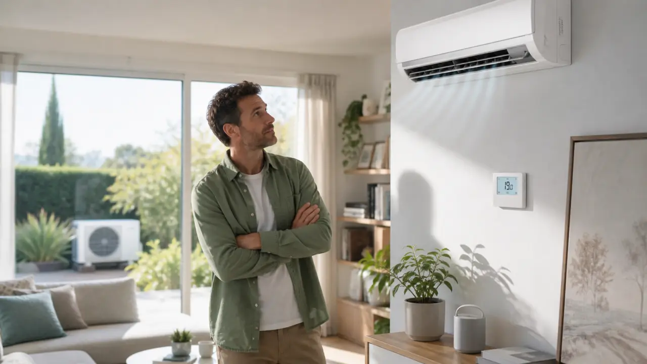 Salon moderne lumineux et confortable suggérant une pompe à chaleur discrète et silencieuse