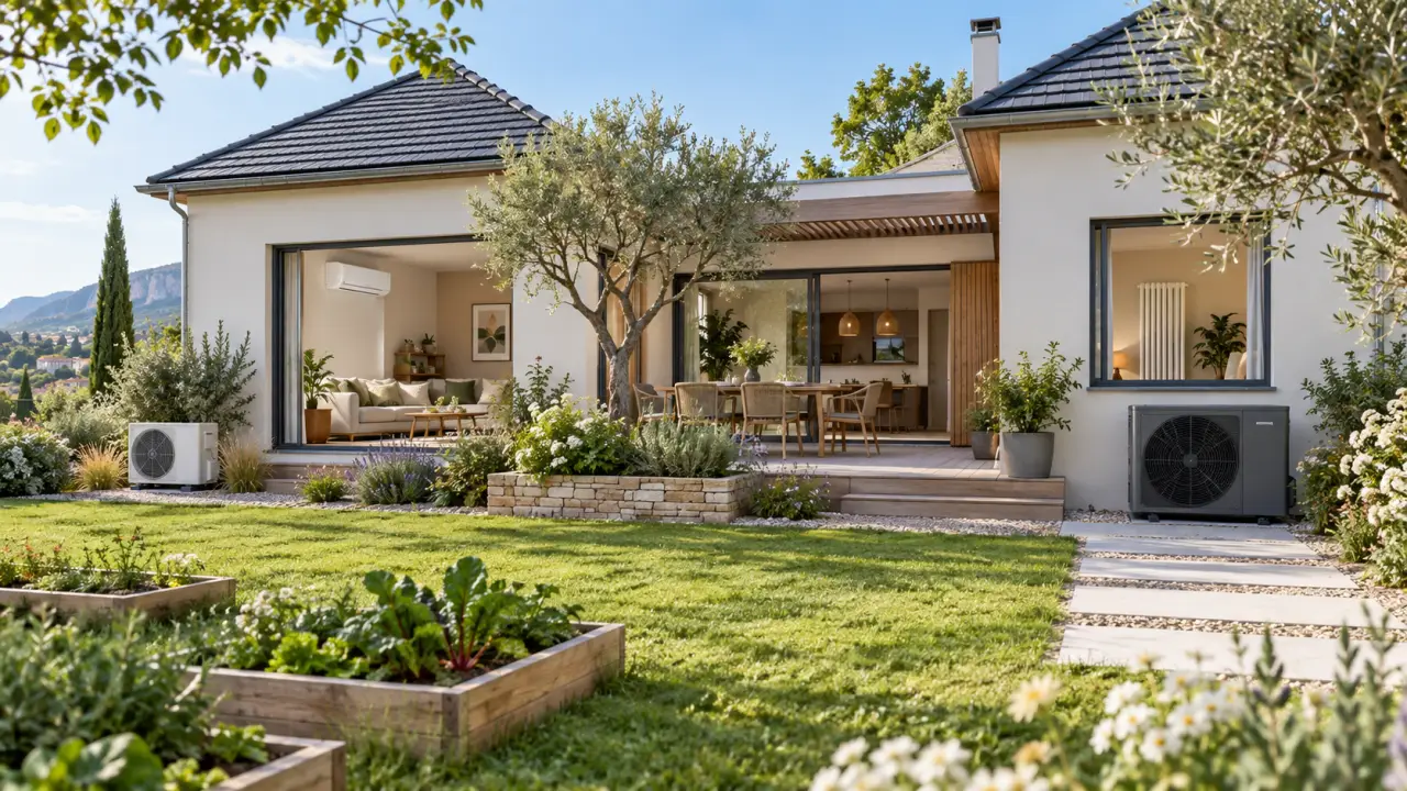 Salon lumineux et confortable dans une maison rénovée avec une pompe à chaleur