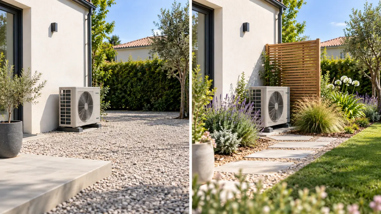 Pompe à chaleur extérieure intégrée harmonieusement dans un jardin paysager