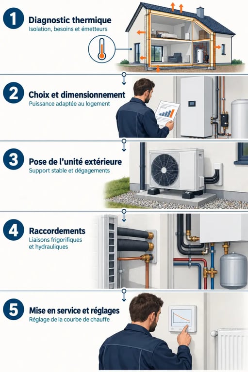 Étapes clés d’une installation pompe à chaleur, du diagnostic thermique à la mise en service
