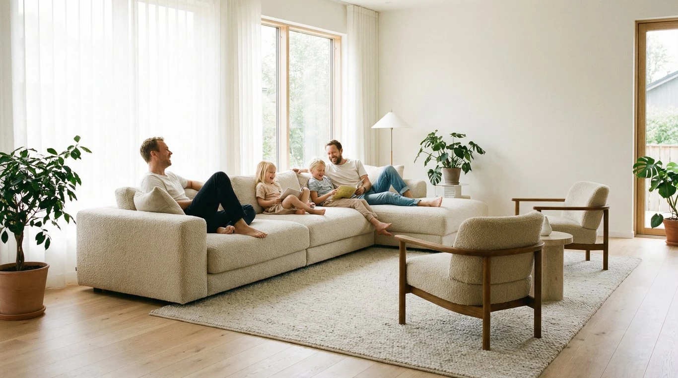Salon moderne et lumineux avec famille confortable