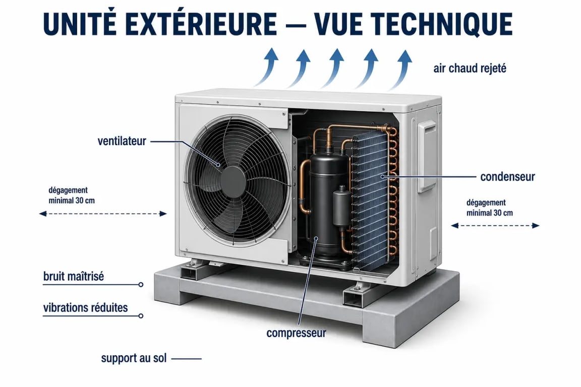 Unité extérieure climatisation illustrée avec ses composants et son installation au sol