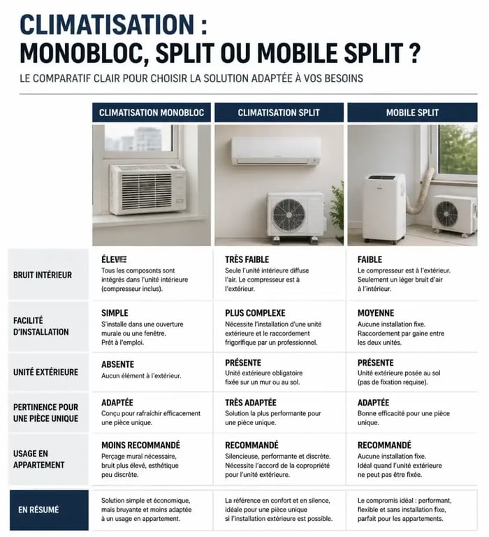 Climatisation monobloc : comparaison visuelle avec split et mobile split sur le bruit, l’installation et la façade
