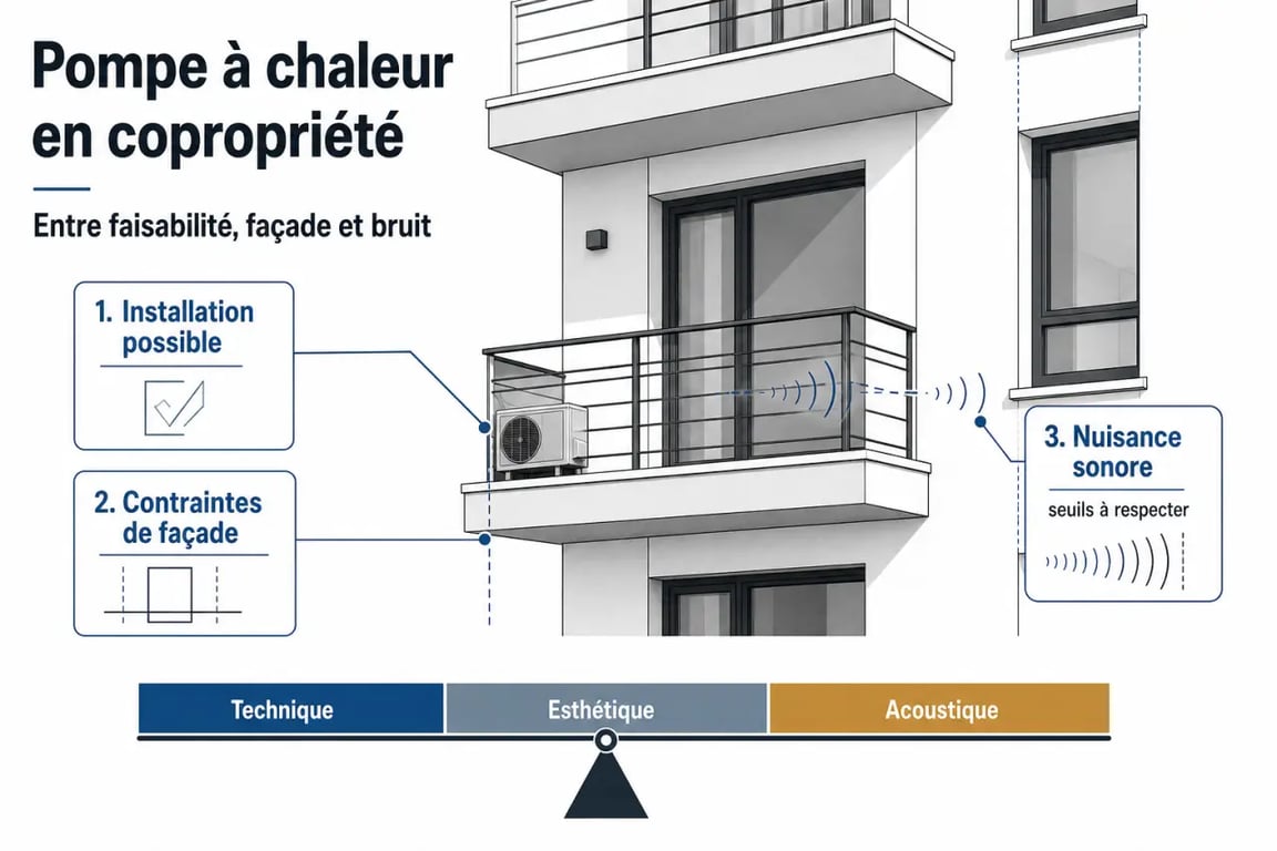 Pompe à chaleur pour appartement : installation sur balcon avec contraintes de façade et de bruit