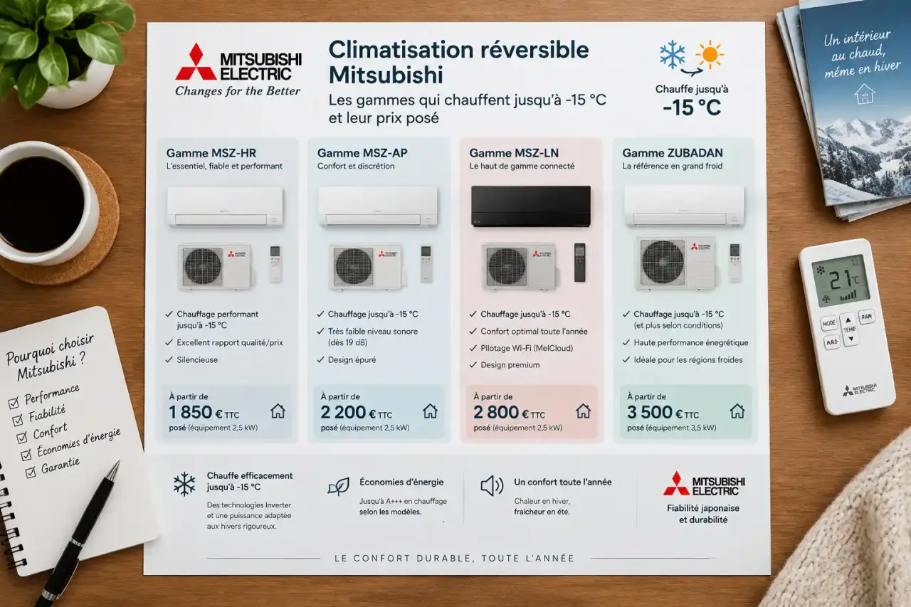Climatisation réversible Mitsubishi : les gammes qui chauffent jusqu’à -15 °C et leur prix posé